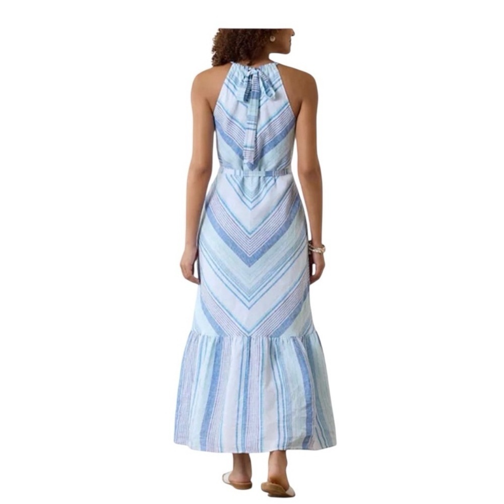 Tommy Bahama Ocean Reverie chevron Blue White Stripe Linen Maxi dress L - Picture 2 of 11